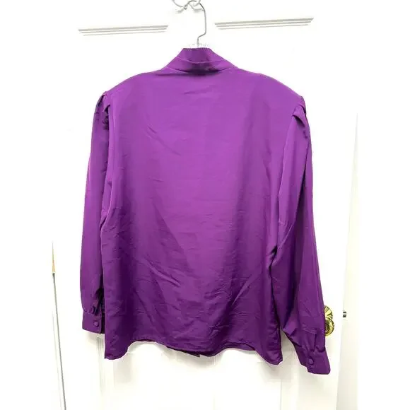 Vintage Sellecca Blouse Purple Padded Shoulders Puff Sleeves V-Neck Size 14 - Picture 2 of 7